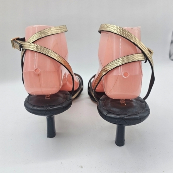 New L'Agence Genette Ankle Strap Kitten Heel Sandal In Gold Lizard Sz 9 - Picture 5 of 12